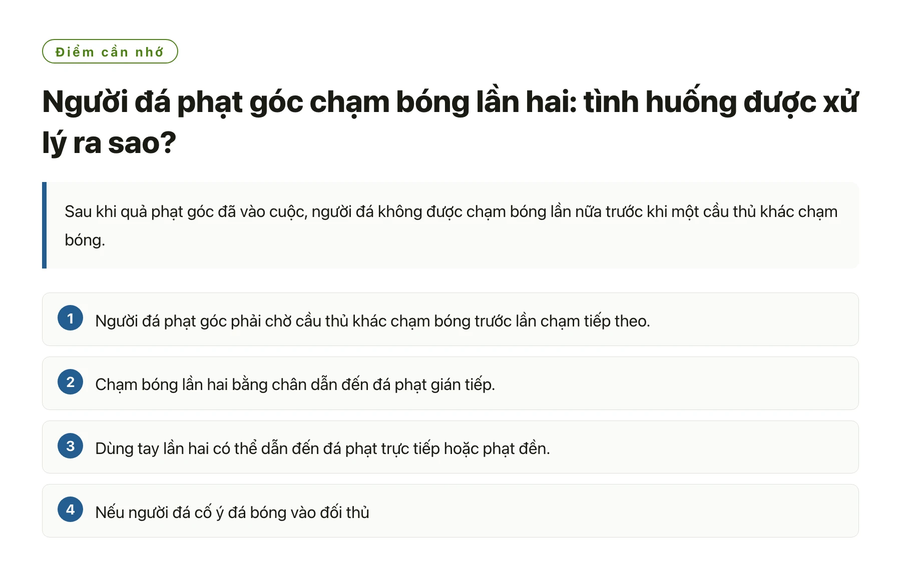 Người đá phạt góc chạm bóng lần hai: tình huống được xử lý ra sao?——全文要点速览