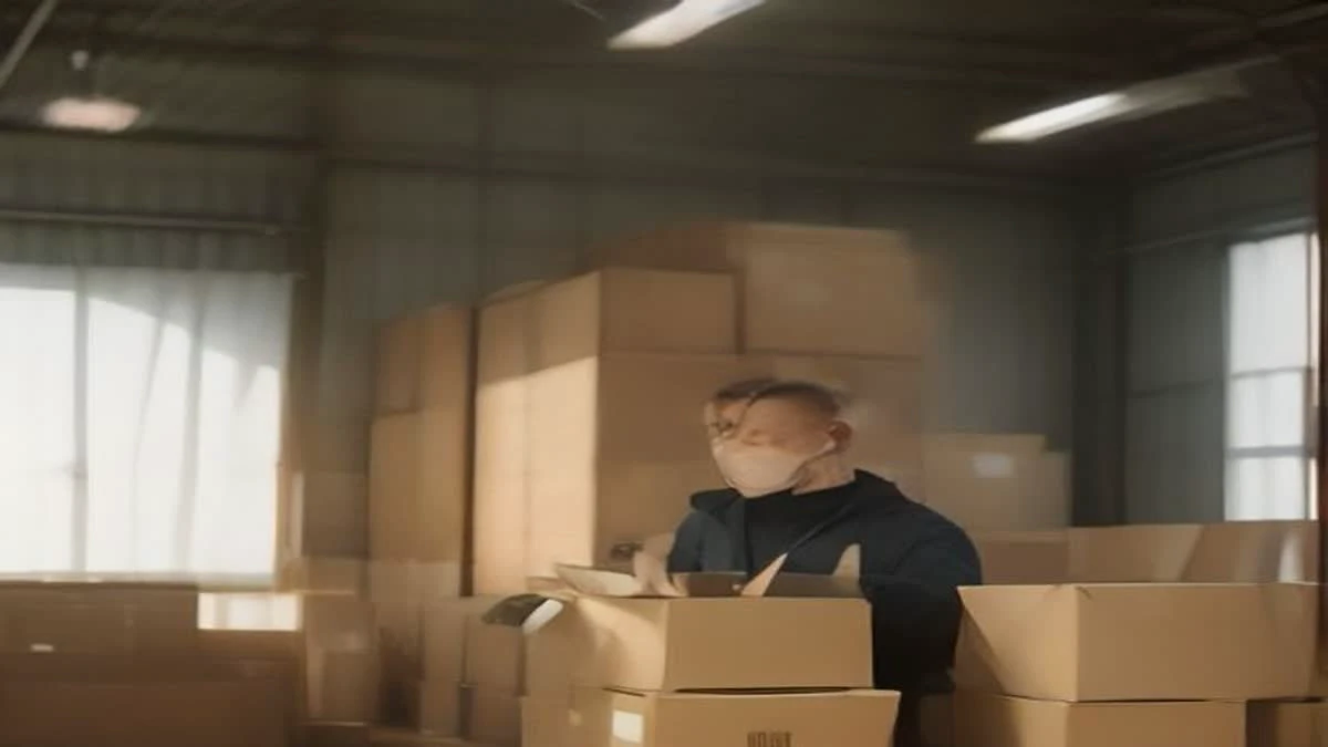 Illustration: medium shot of a courier scanning a parcel at a bright logistics counter
